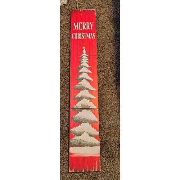 Wooden Merry Christmas Sign Red Snowy Tree Stackable Panels Holiday Cheer Decor - Picture 9 of 16